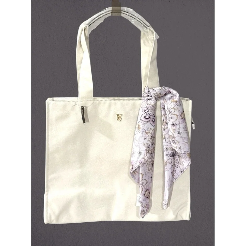 Victoria's Secret Tote Bag Limited Edition Floral Embossed White Cream & Scarf